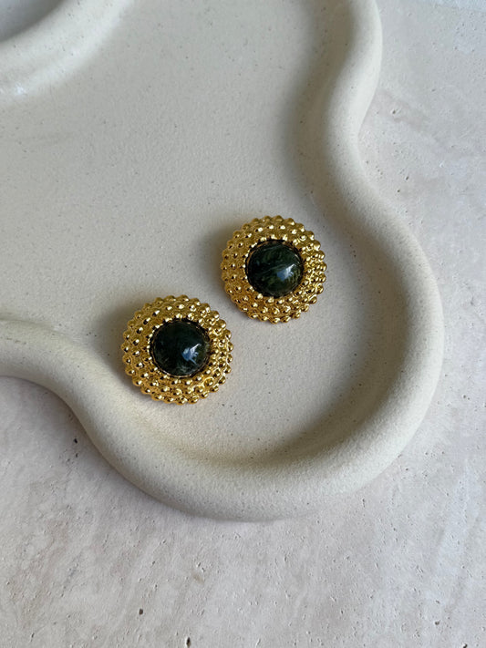 Boucles d’oreilles vintage - Rondes dorées et cabochons kaki