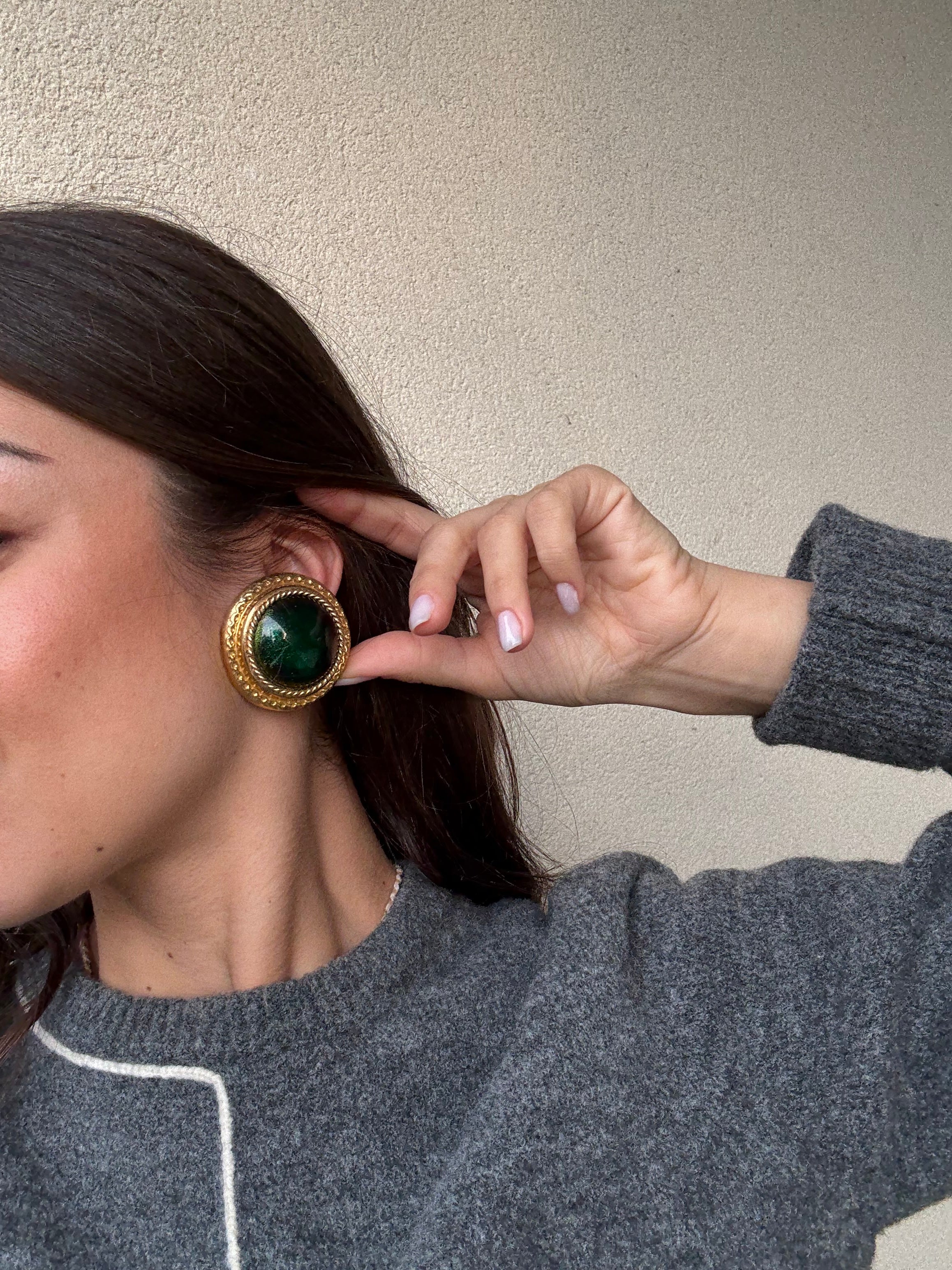 Boucles d’oreilles vintage - Email vert et monture dorée XXL