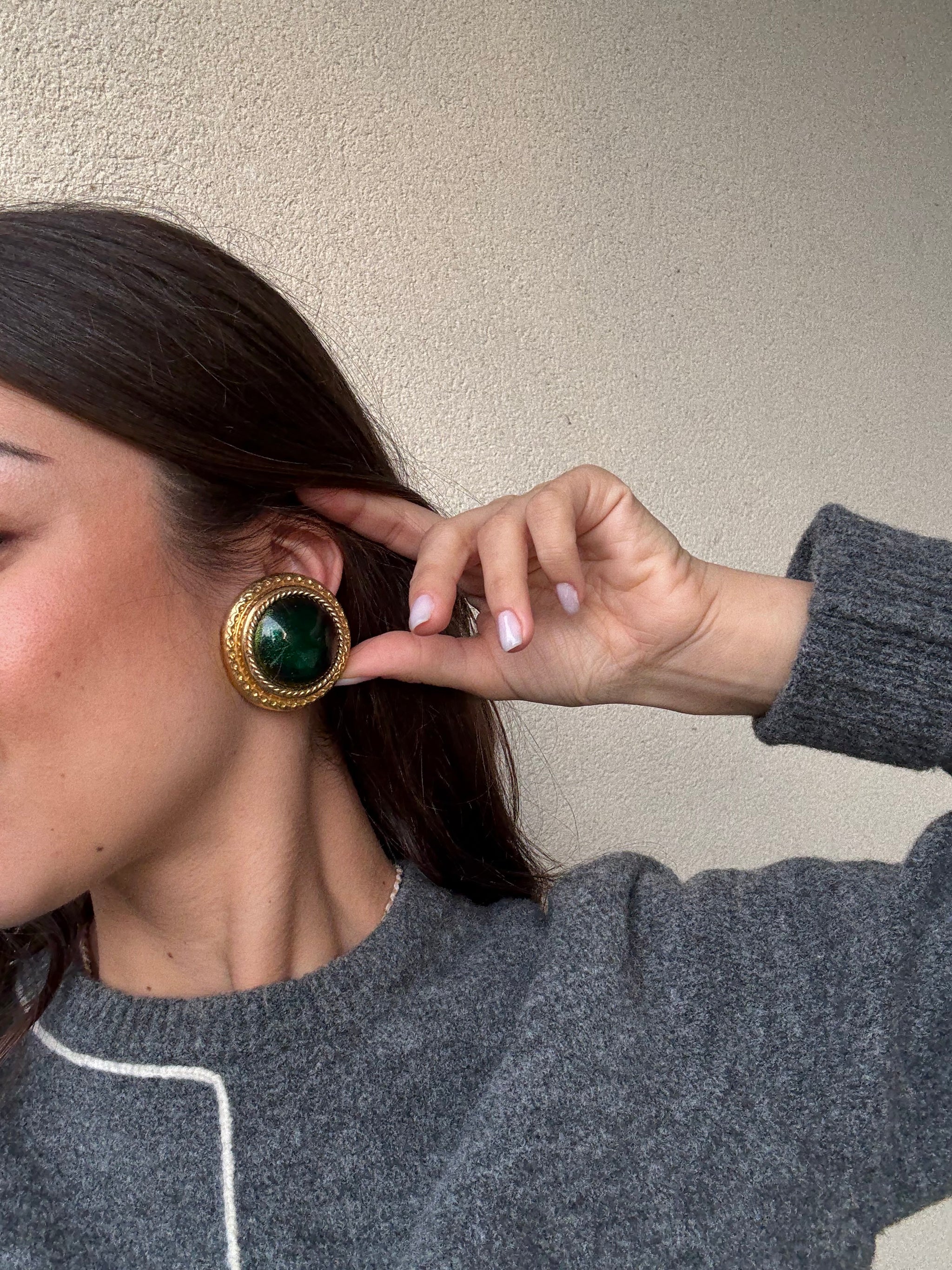 Boucles d’oreilles vintage - Email vert et monture dorée XXL