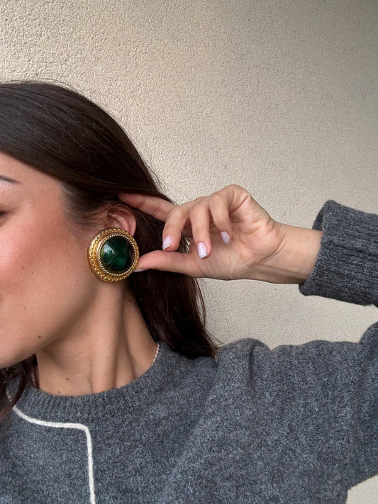 Boucles d’oreilles vintage - Email vert et monture dorée XXL
