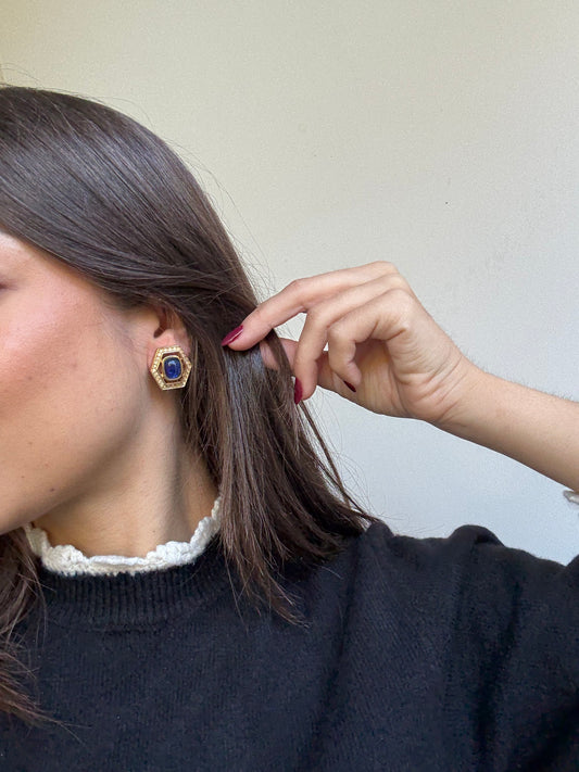 Boucles d’oreilles Grossé vintage - Cabochons bleus et contour pavé de strass