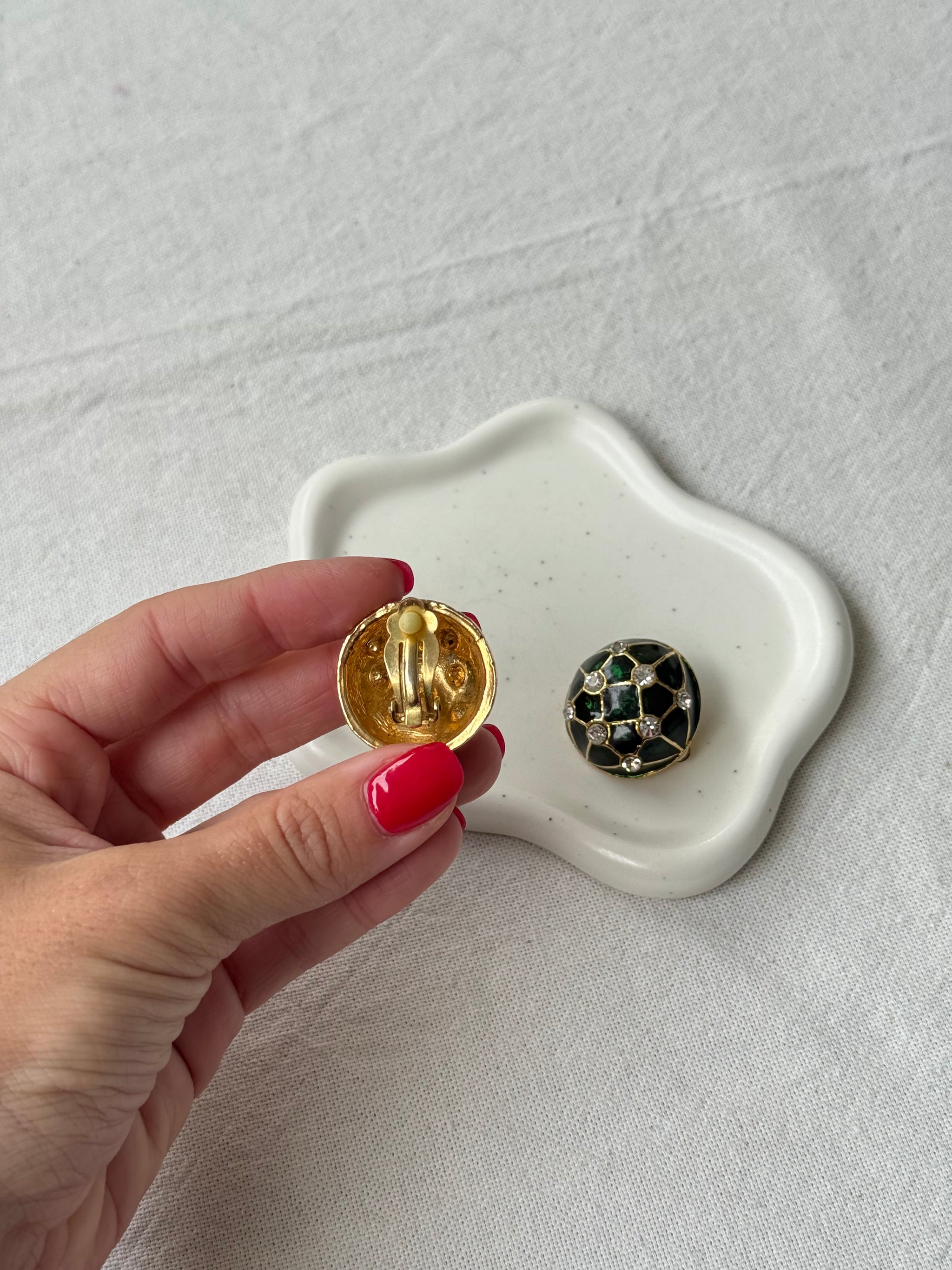 Boucles d’oreilles vintage - Émail vert et strass