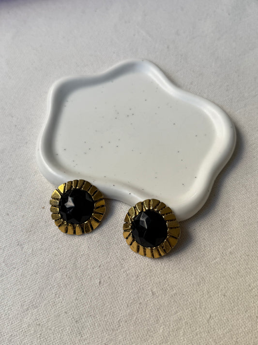 Boucles d’oreilles Poggi vintage - Rondes dorées et cabochons noirs