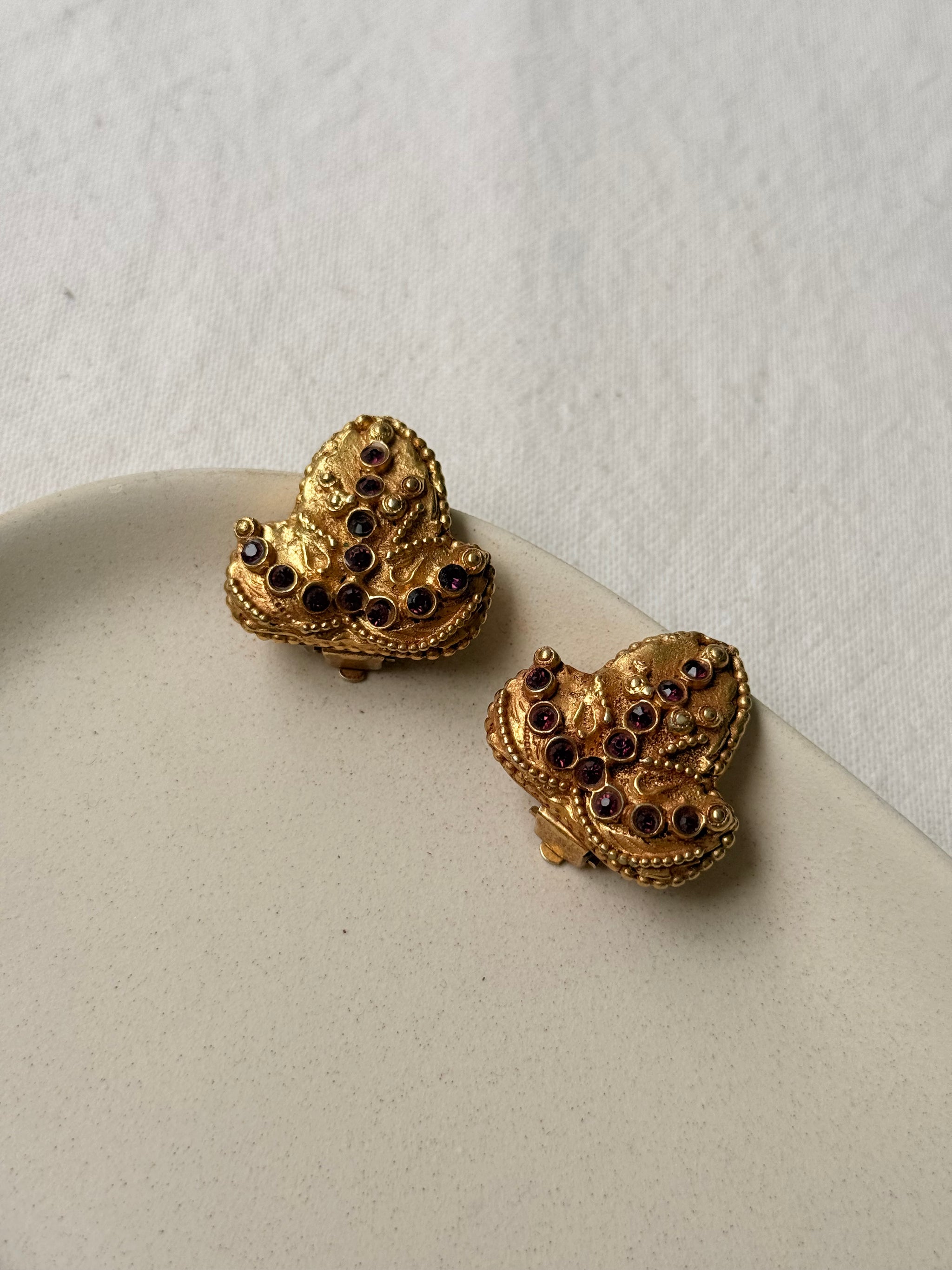 Boucles d’oreilles Kalinger vintage - Feuille dorée et strass violets