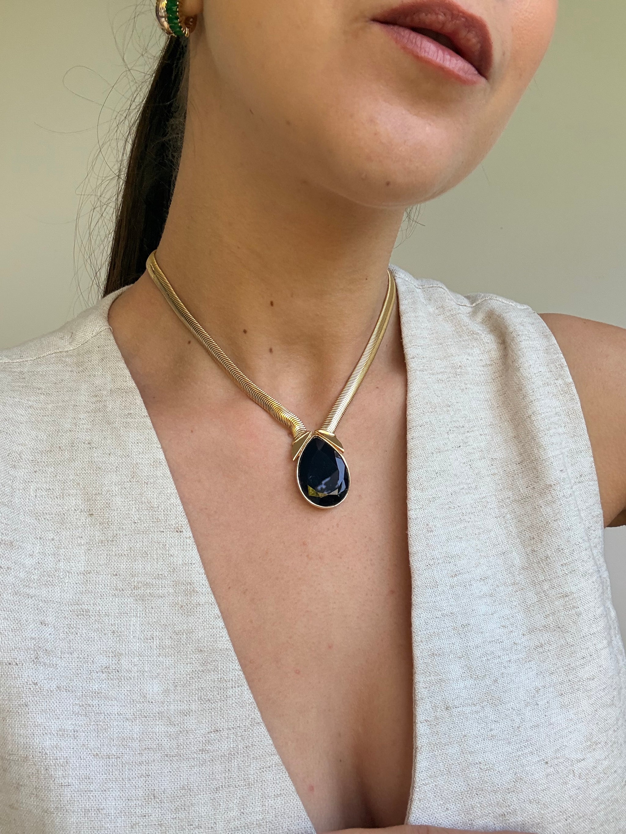 Collier Helena Rubinstein vintage - Pendentif goutte noire facetée