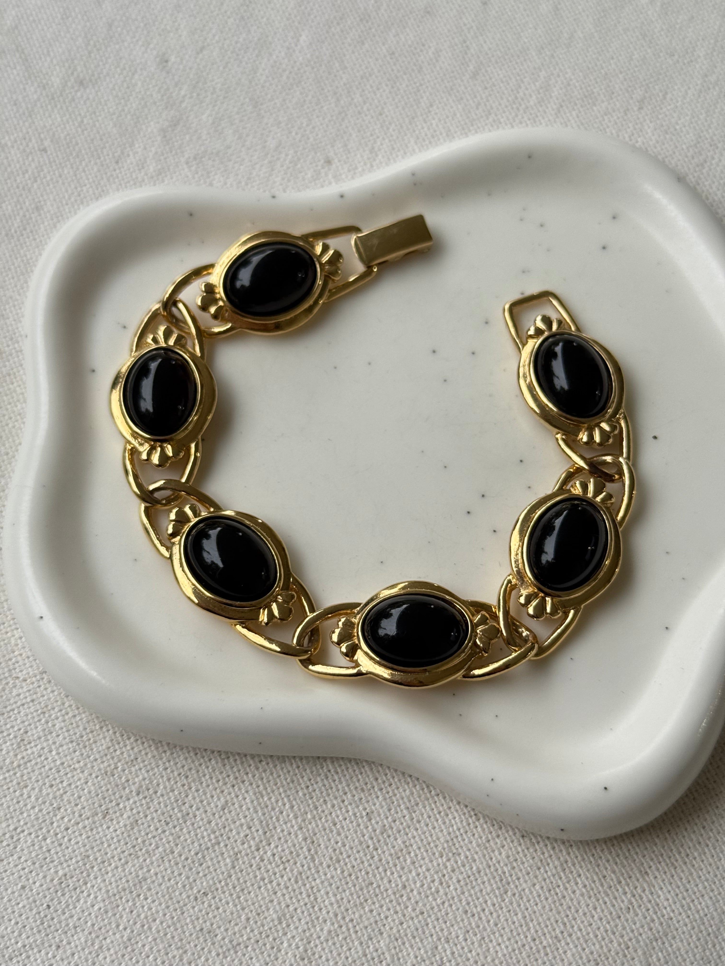 Vintage Trifari Bracelet - Black Cabochons and Gold