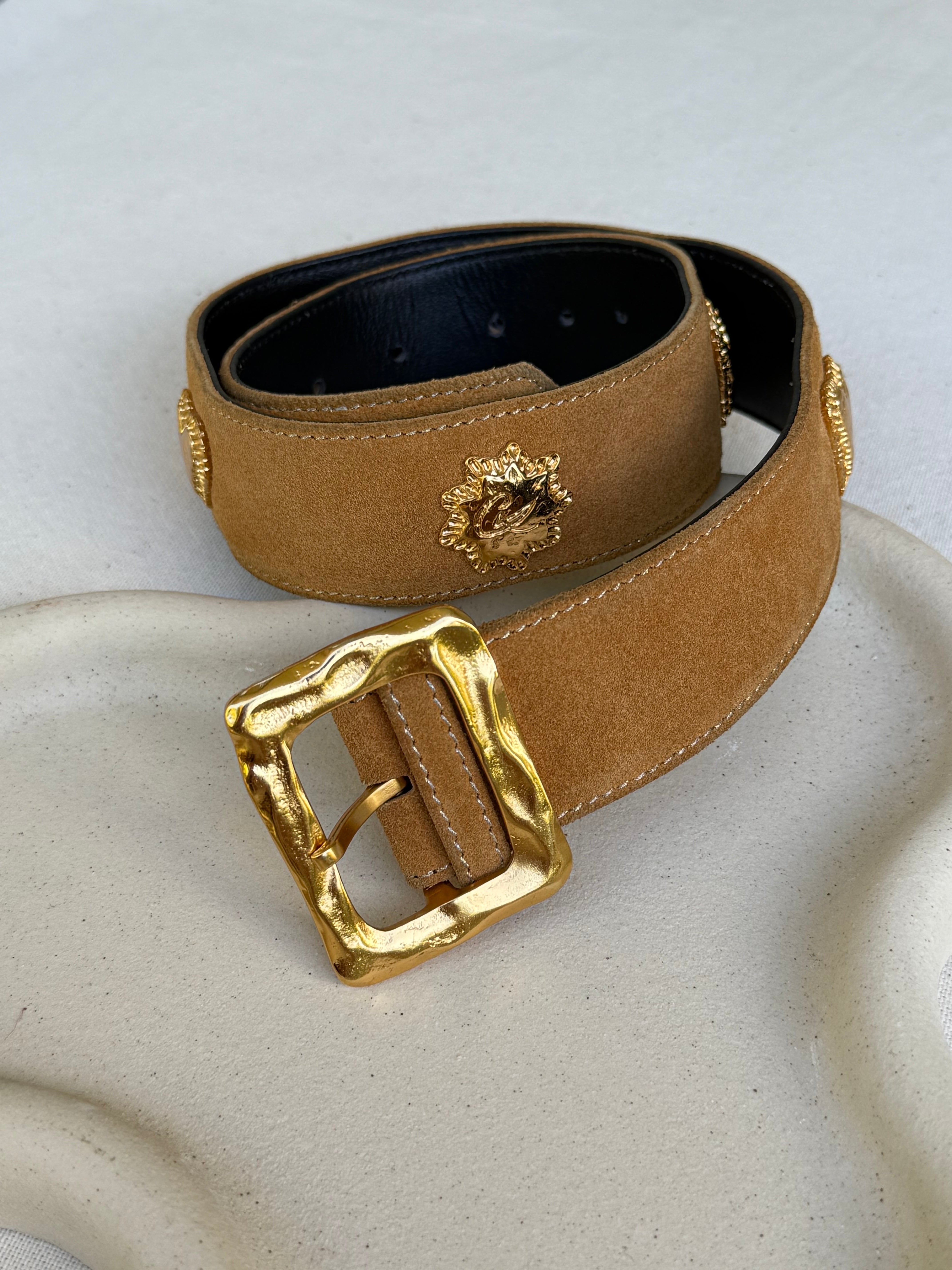 Ceinture Christian Lacroix vintage - Daim camel et empiècements dorés