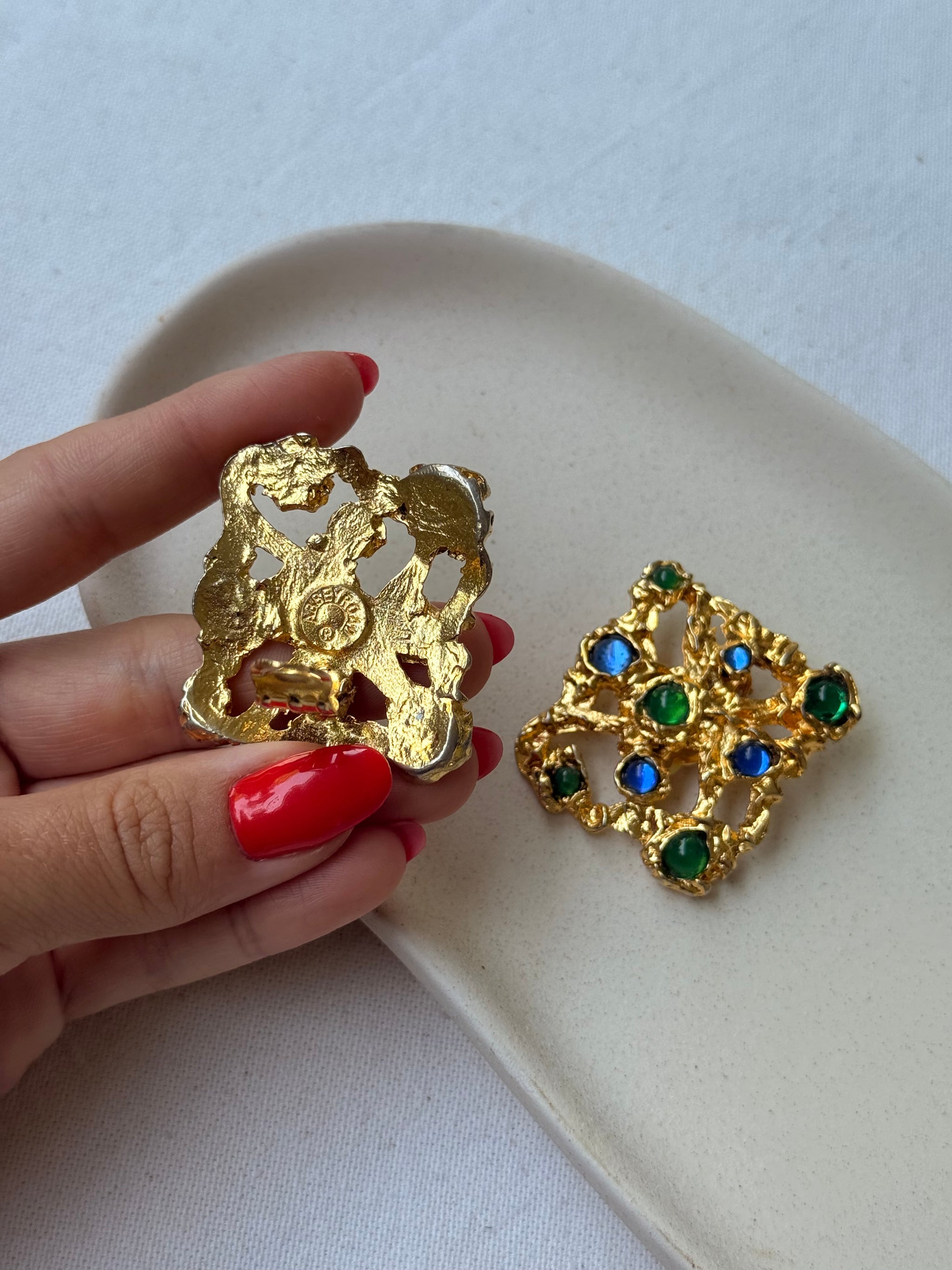 Boucles d’oreilles Abbey Road vintage - Cabochons bleu et vert