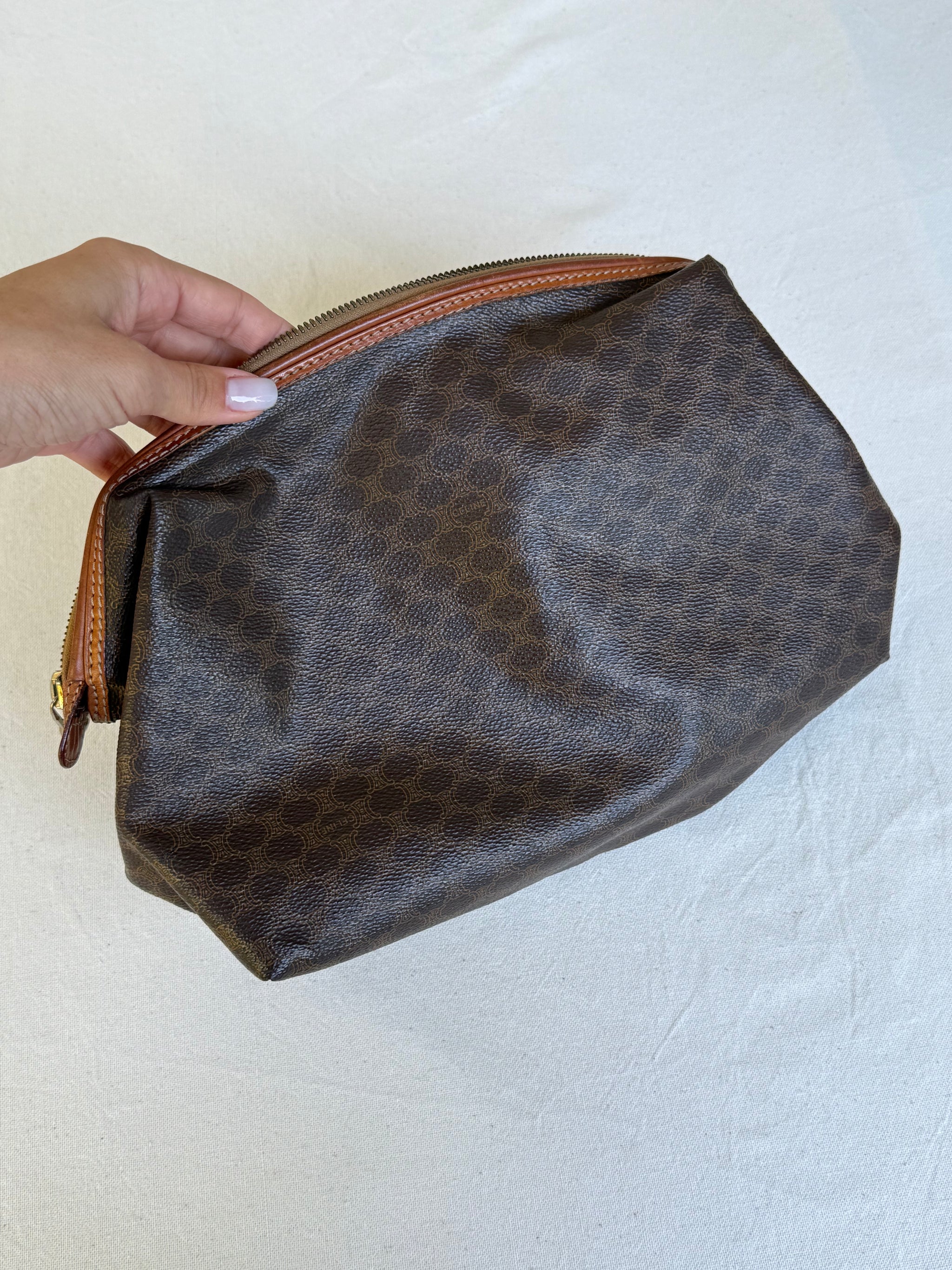 Trousse Céline vintage - Toile triomphe et cuir cognac