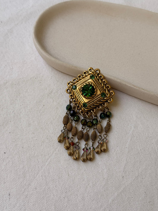 Broche Claire Deve vintage - Pampilles et cristaux verts