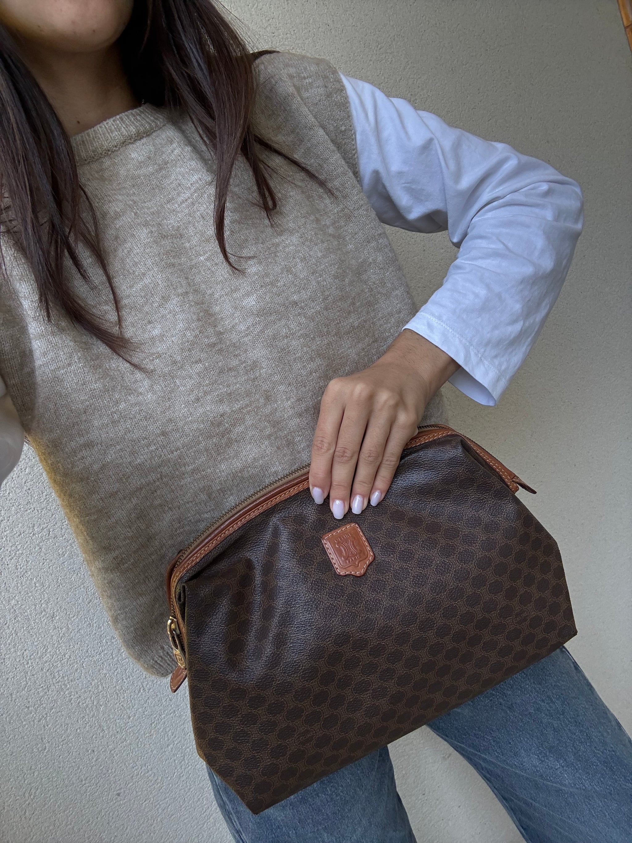 Trousse Céline vintage - Toile triomphe et cuir cognac