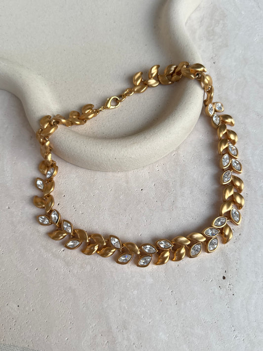 Collier Anne Klein vintage - Feuillage doré mat et strass