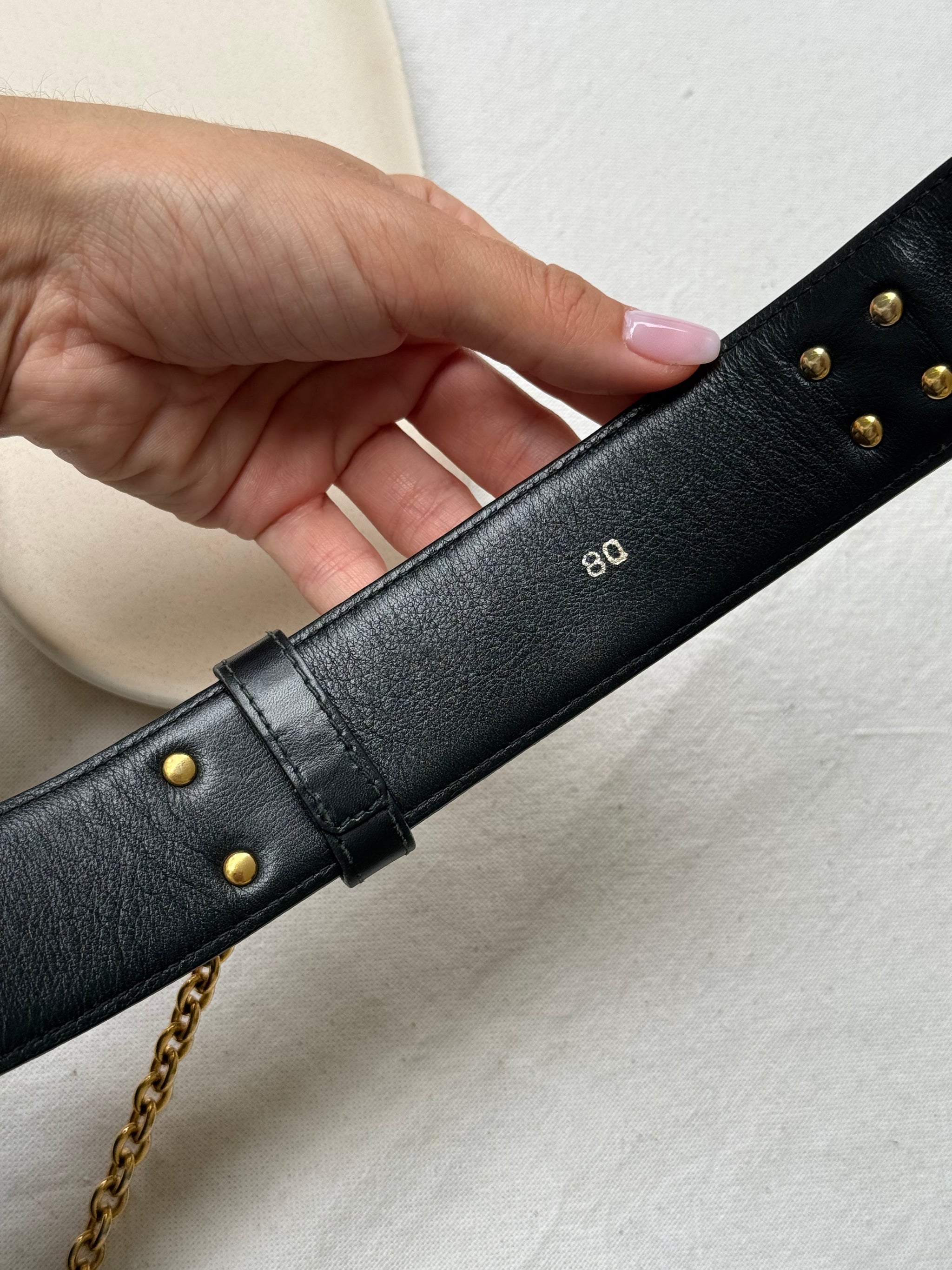 Ceinture Céline vintage - Cuir noir et chaîne dorée