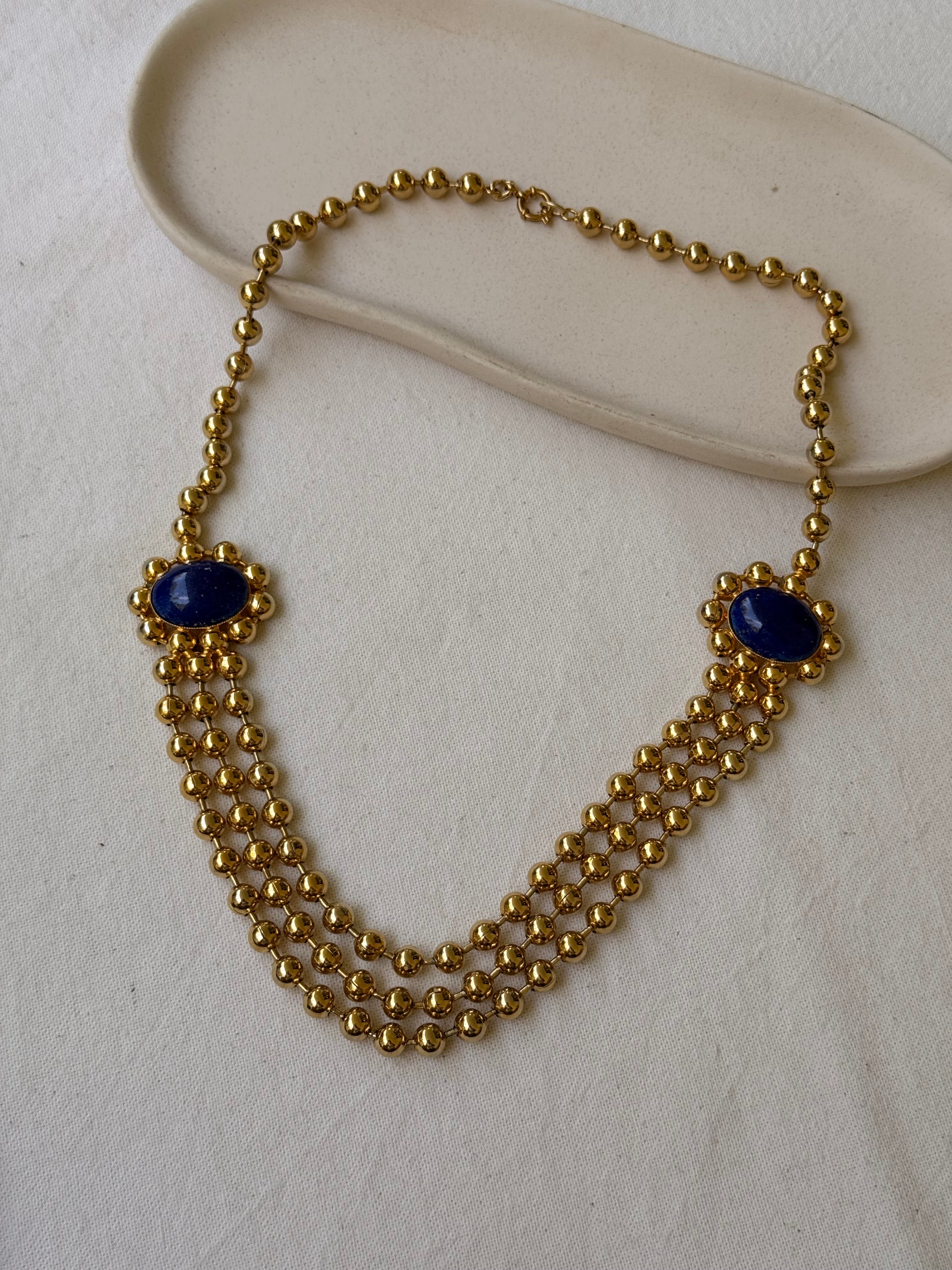 Collier Remydis vintage - Perles dorées et cabochons bleu profond