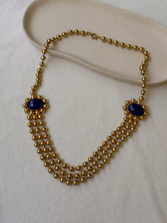 Collier Remydis vintage - Perles dorées et cabochons bleu profond