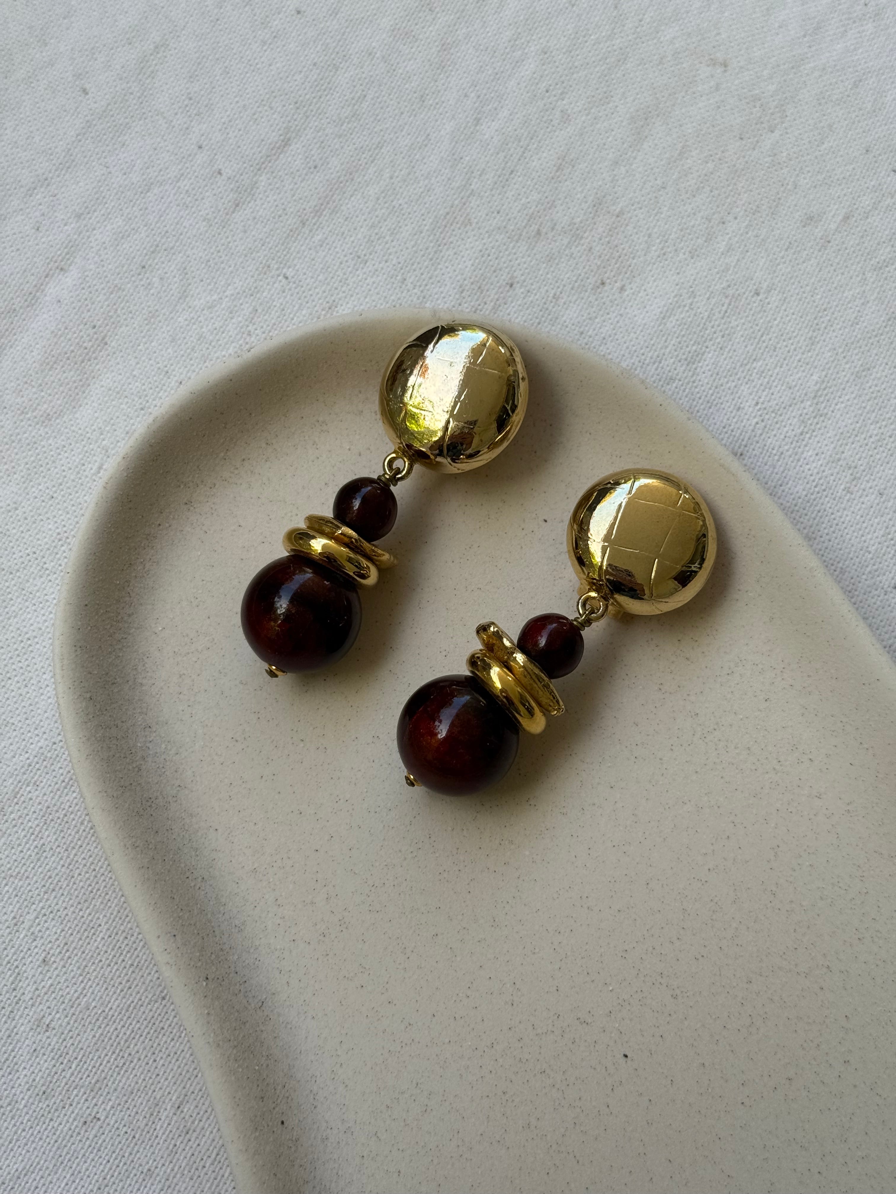 Boucles d’oreilles vintage - Perles bois pendantes