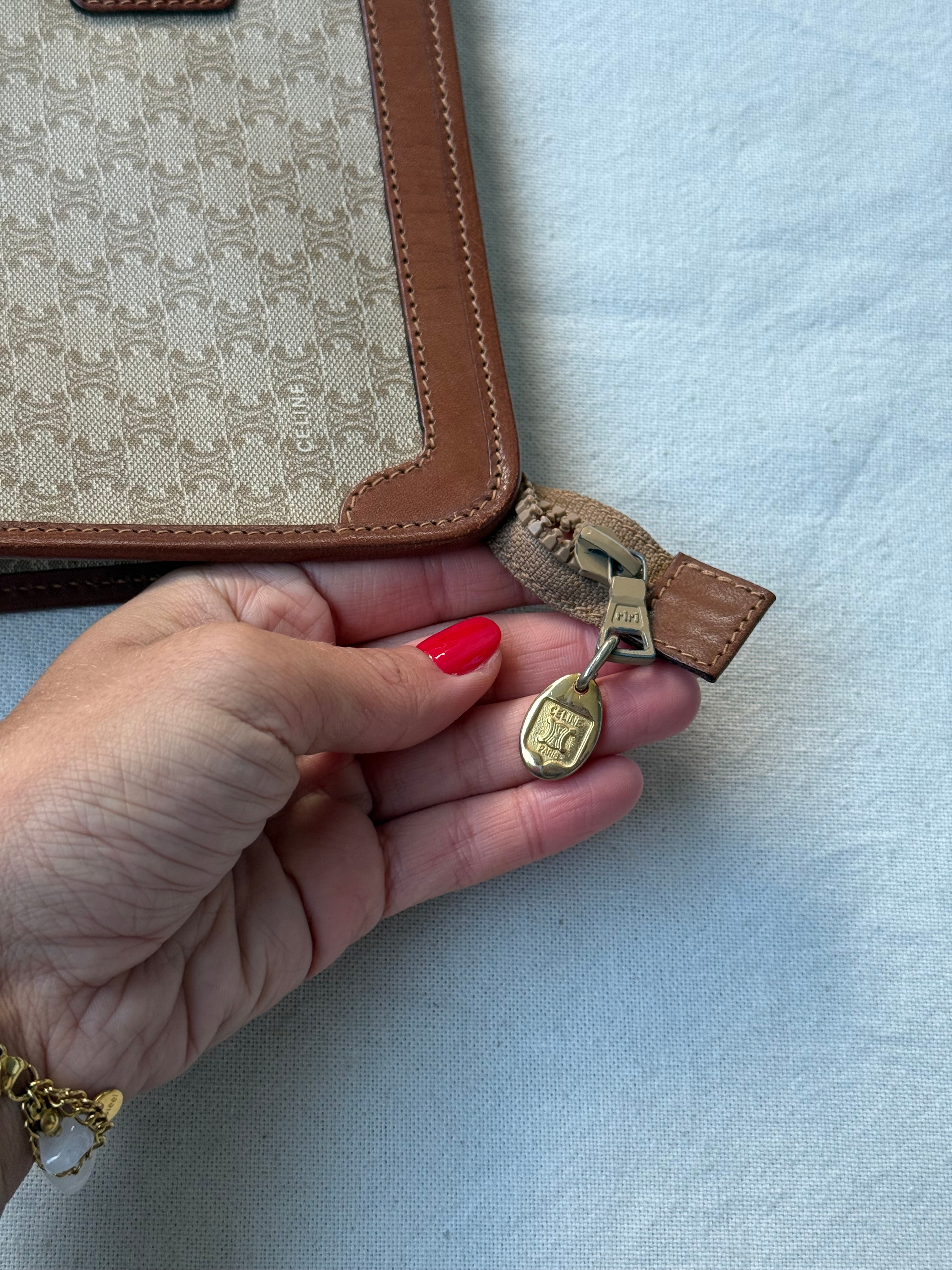 Pochette Céline vintage - Toile macadam et cuir naturel