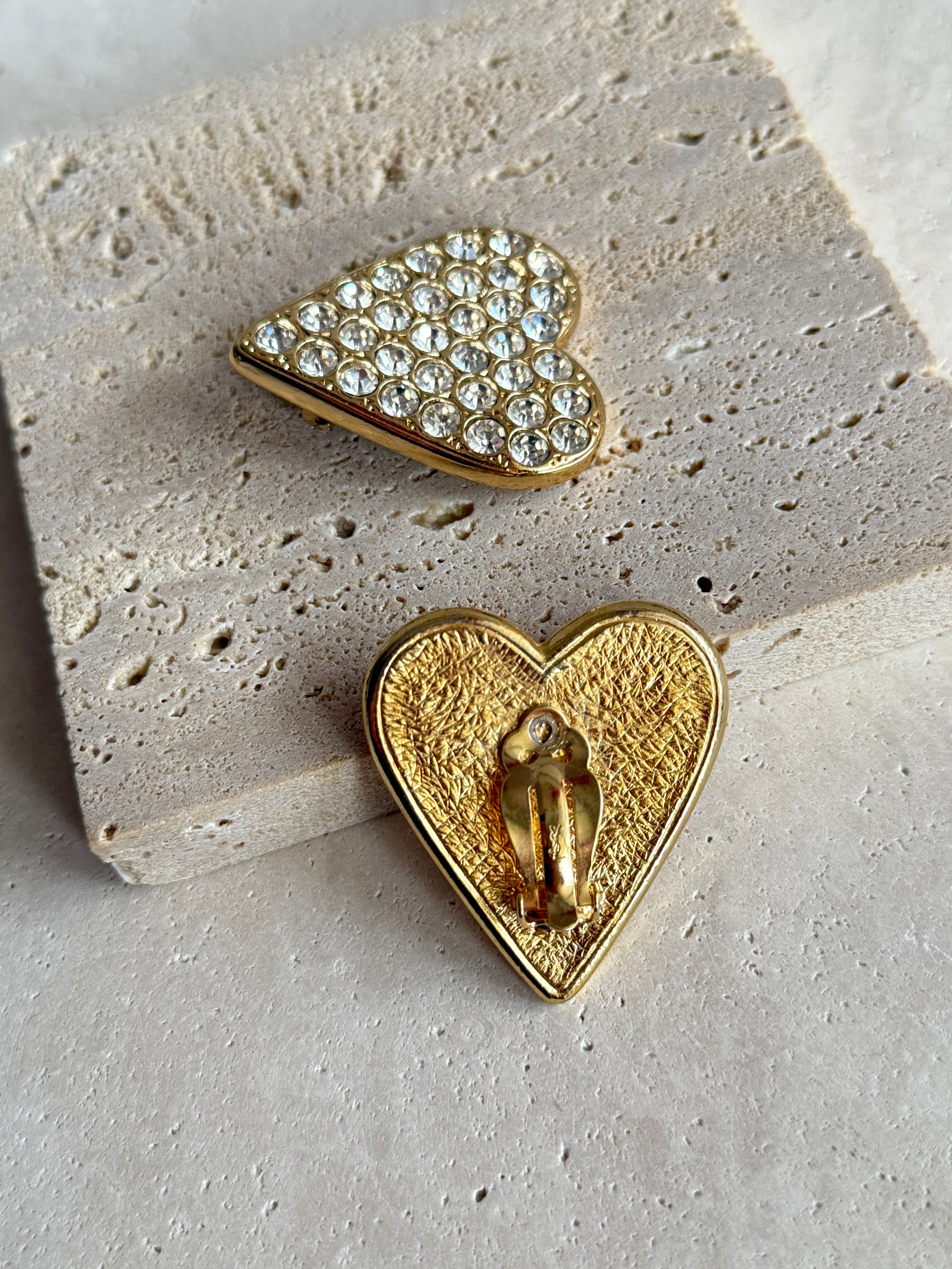 Boucles d’oreilles YSL vintage - Grands coeurs ornés de strass