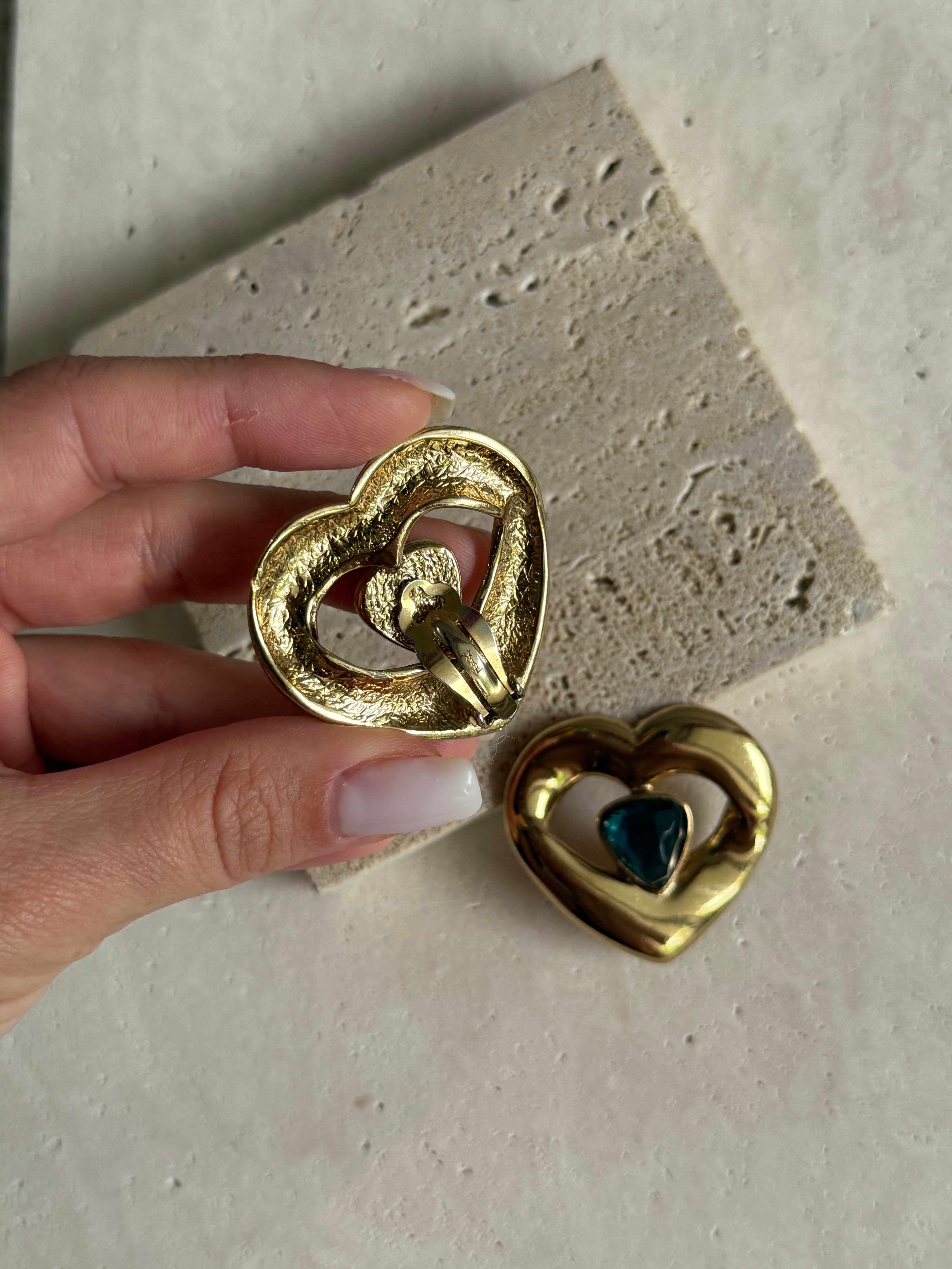 Vintage YSL earrings - Gold hearts and blue cabochons