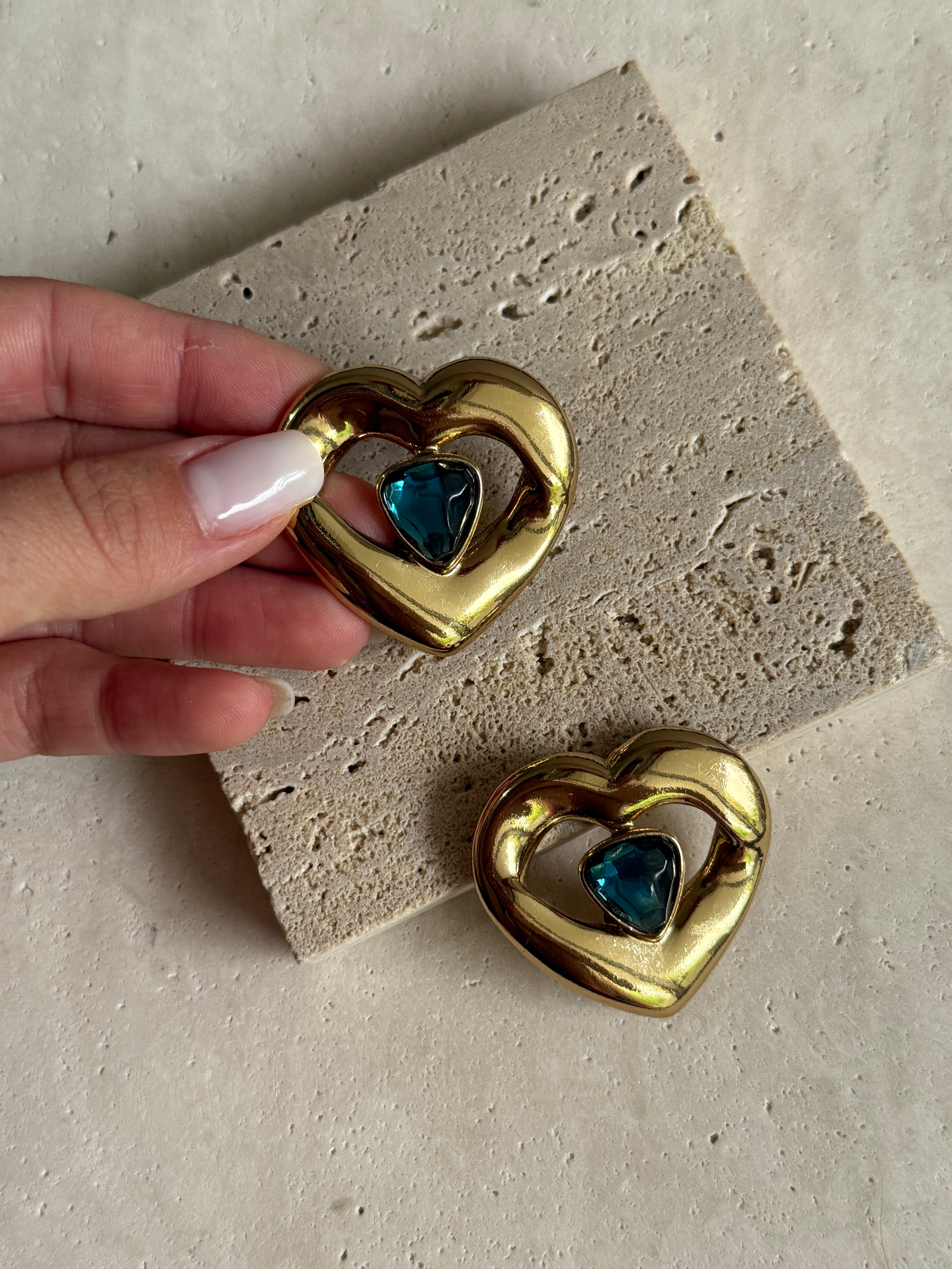 Vintage YSL earrings - Gold hearts and blue cabochons