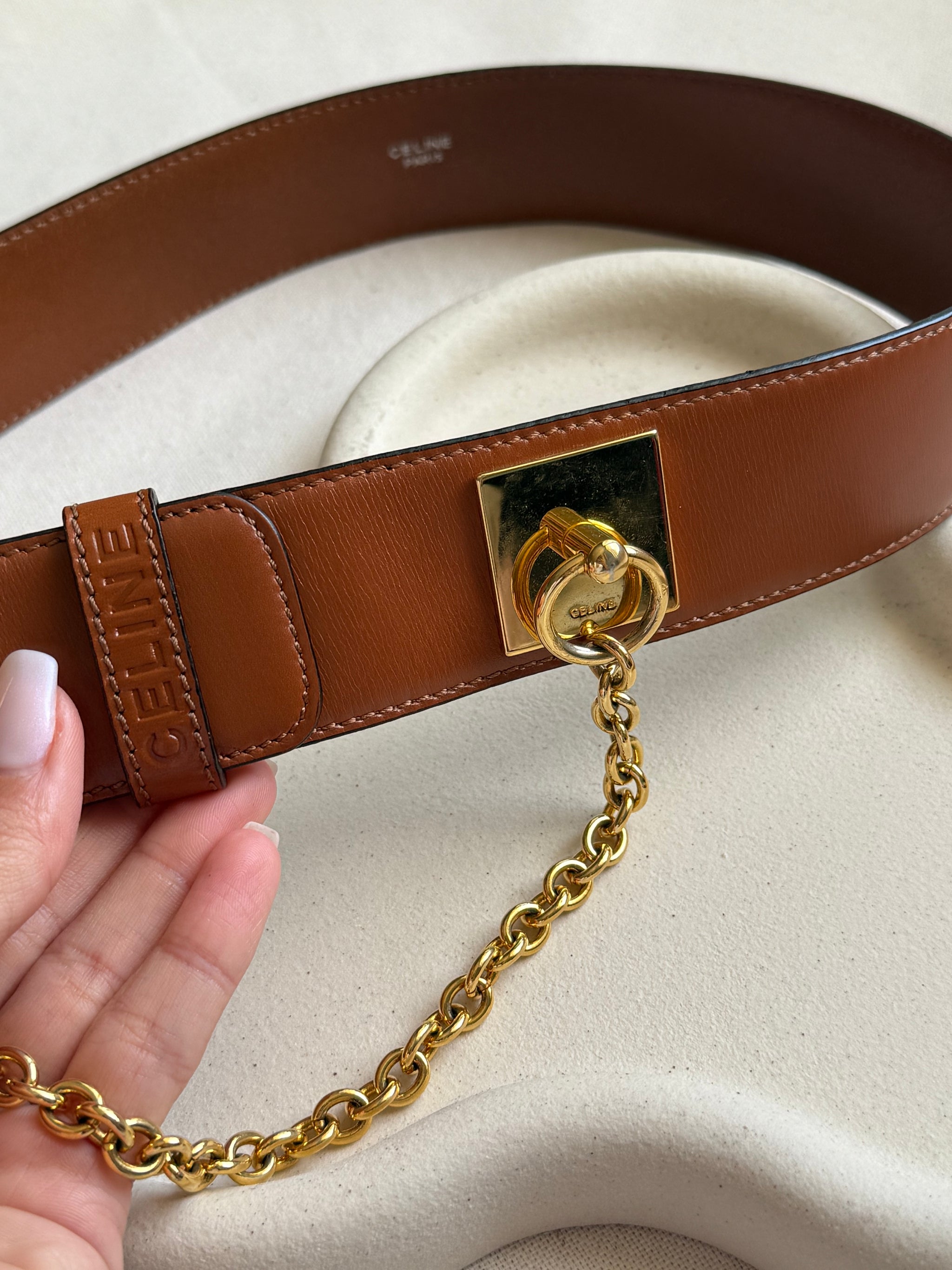 Ceinture Céline vintage - Cuir camel et chaînes
