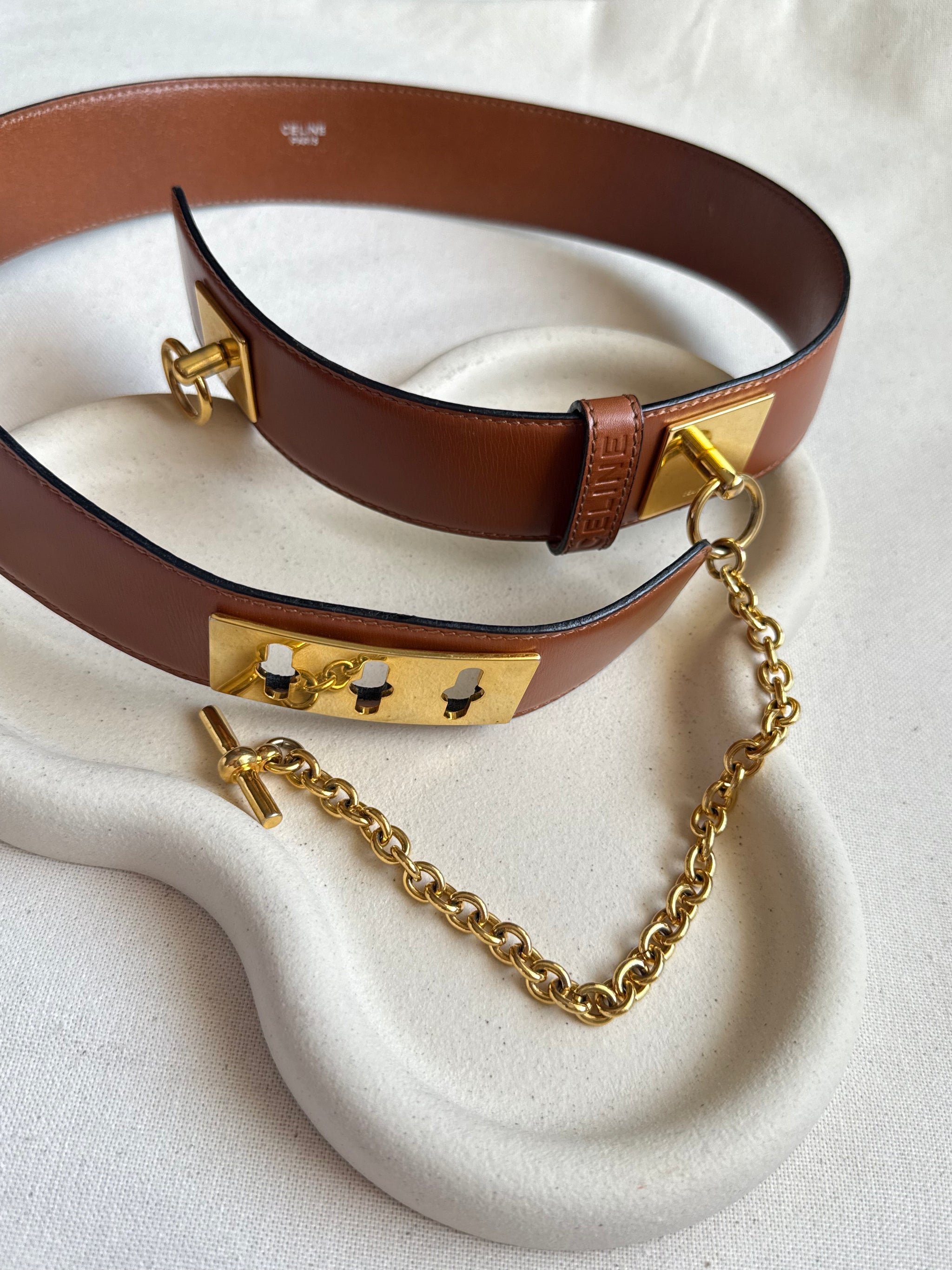 Ceinture Céline vintage - Cuir camel et chaînes