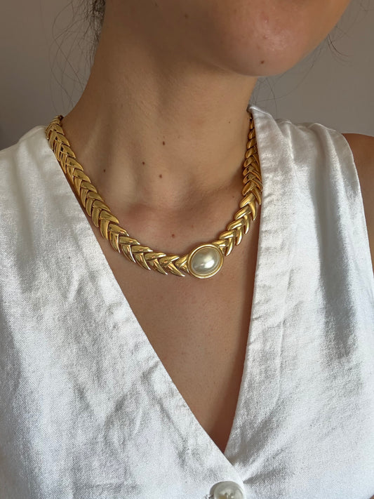 Collier vintage maille épi et perle fantaisie centrale