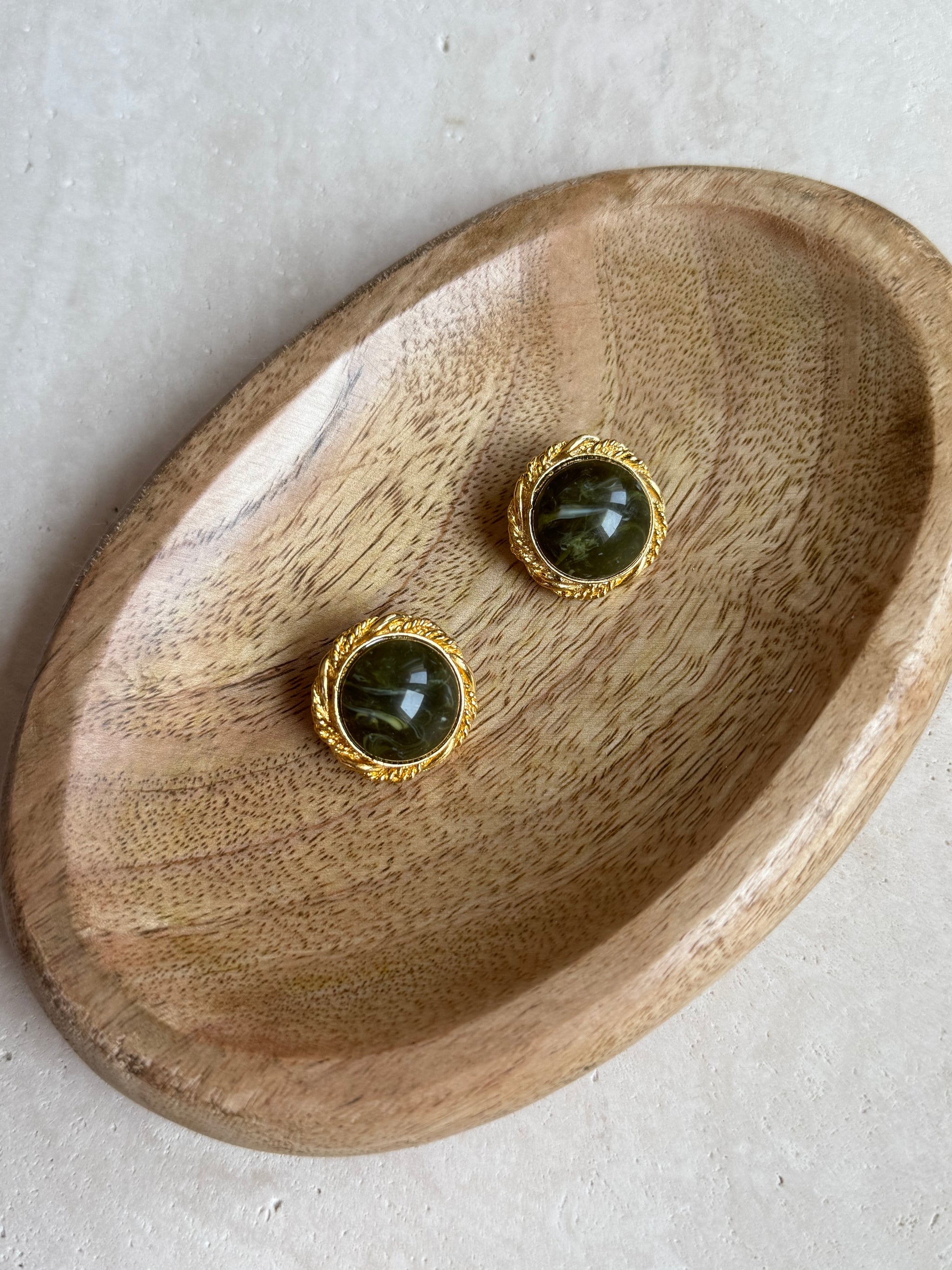Vintage khaki marbled cabochon earrings