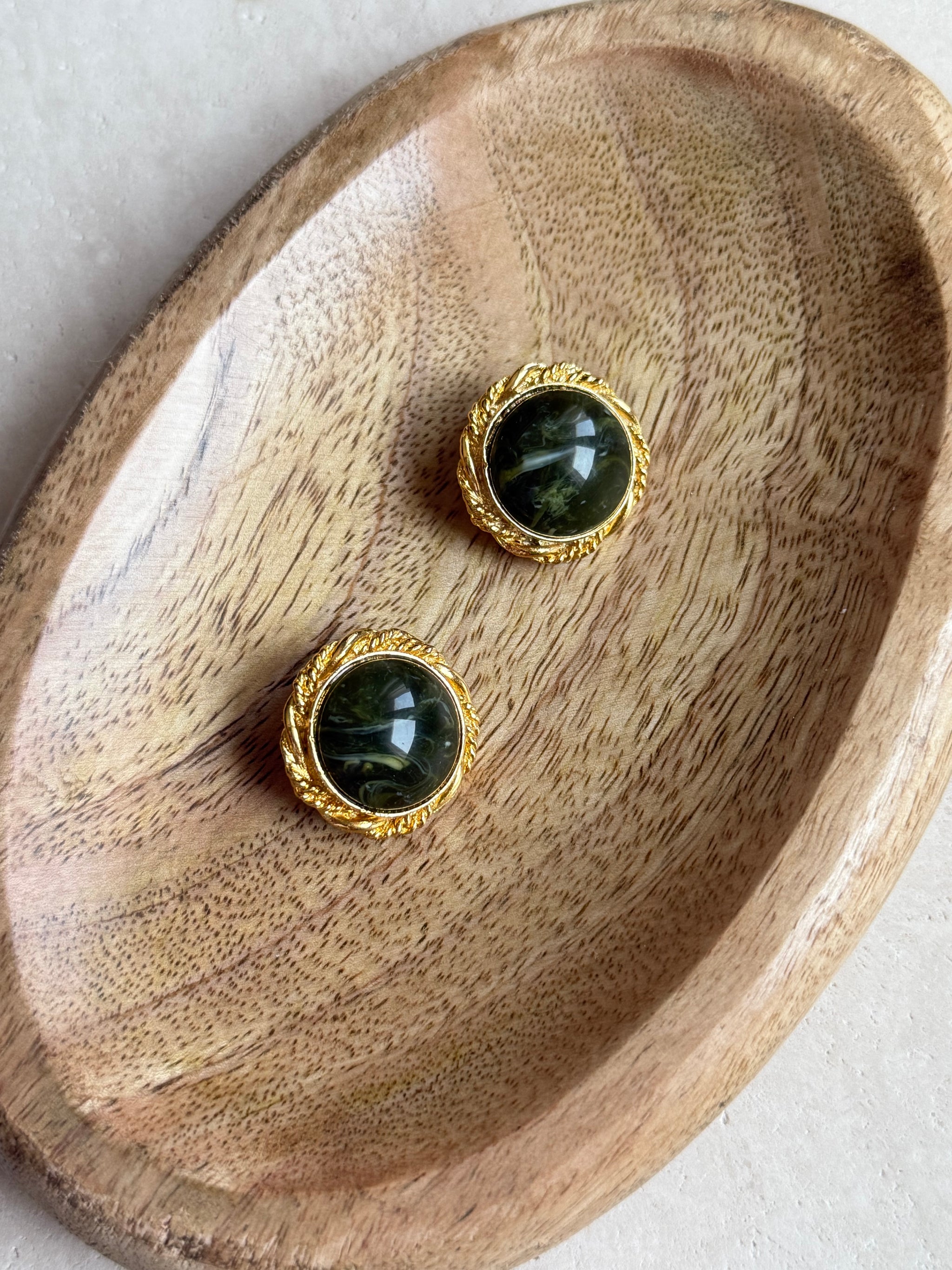 Vintage khaki marbled cabochon earrings