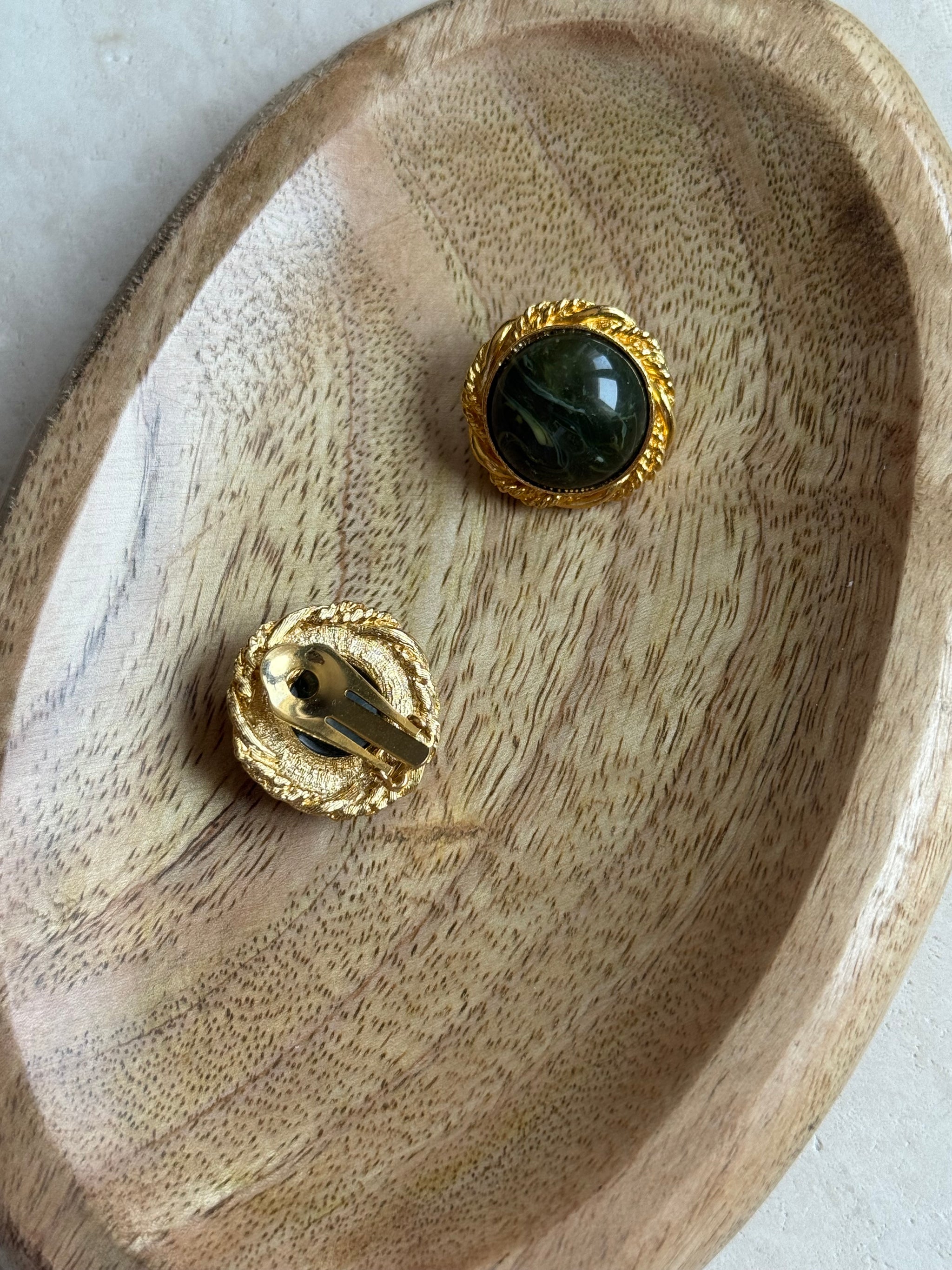 Vintage khaki marbled cabochon earrings