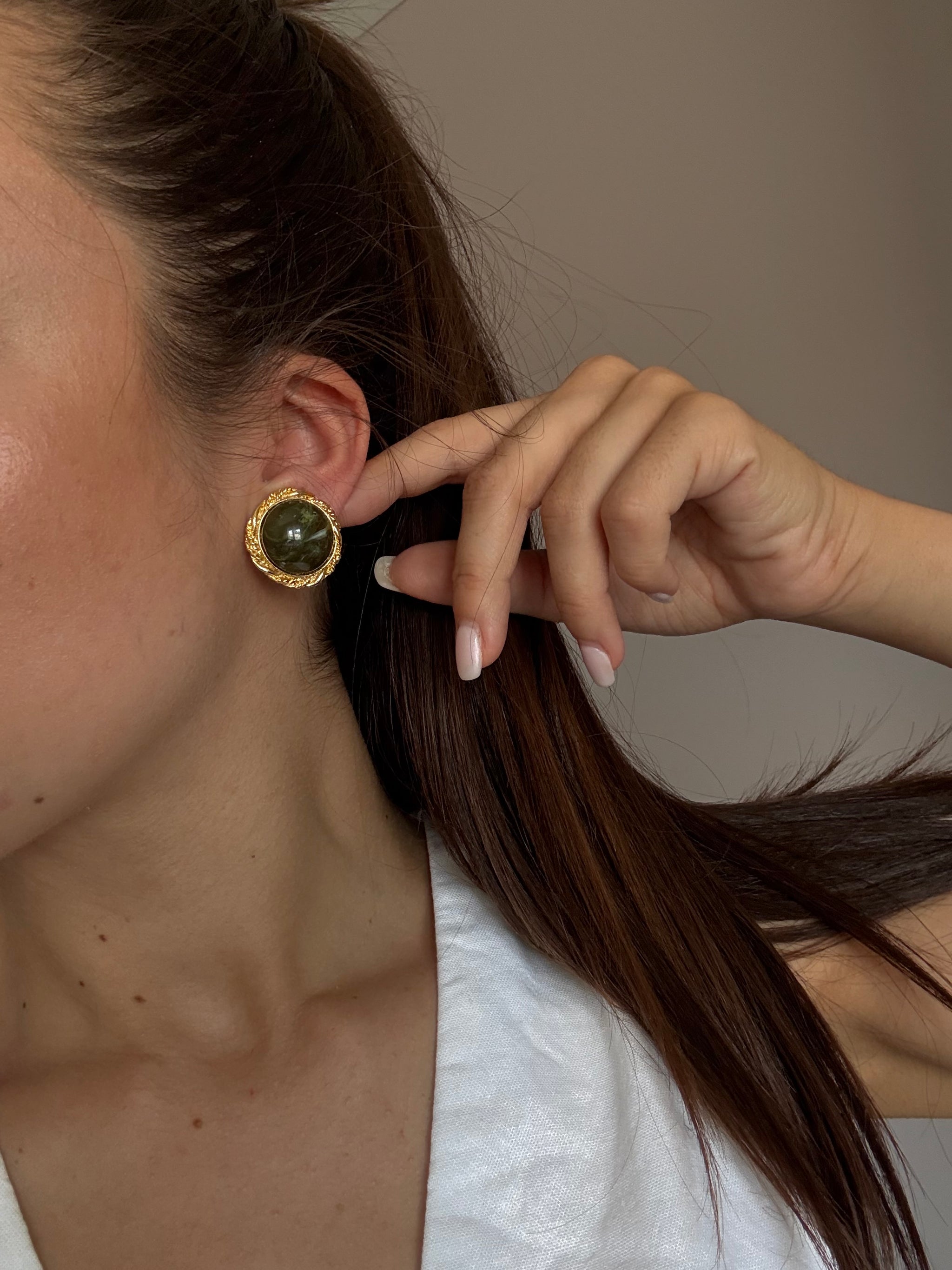 Vintage khaki marbled cabochon earrings