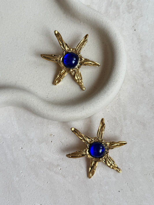 Boucles d’oreilles vintage soleils cabochons bleu roi