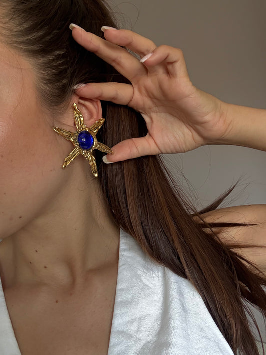 Boucles d’oreilles vintage soleils cabochons bleu roi