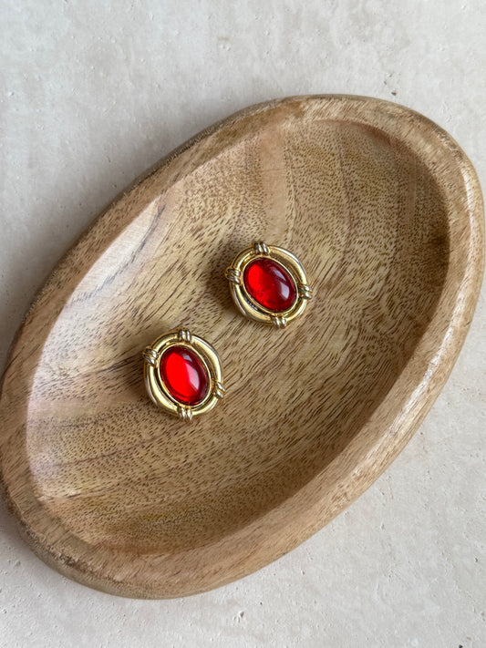 Boucles d’oreilles vintage ovales cabochons rouges