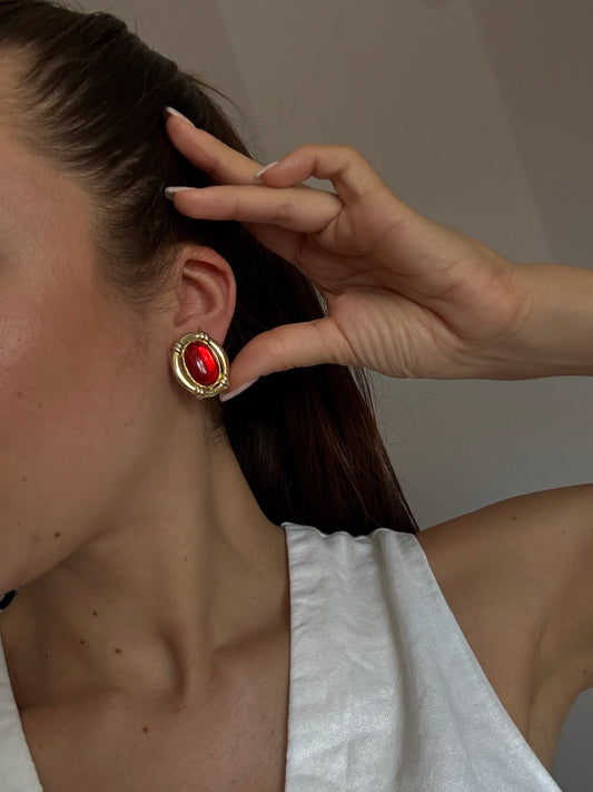 Boucles d’oreilles vintage ovales cabochons rouges