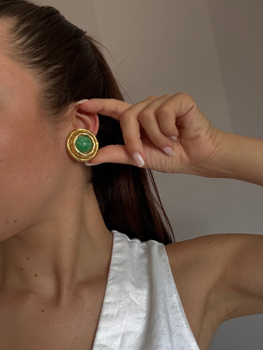 Boucles d’oreilles vintage rondes cabochons verts marbrés