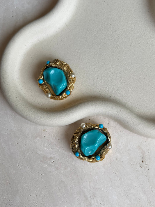 Boucles d’oreilles vintage cabochons turquoises XL