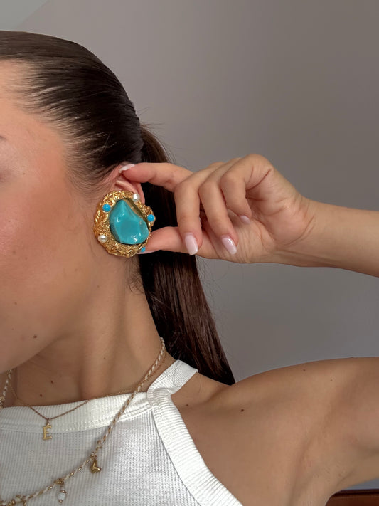 Boucles d’oreilles vintage cabochons turquoises XL