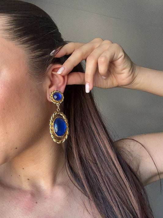 Boucles d’oreilles pendantes vintage - Cabochons bleu roi