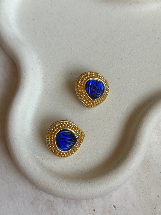 Boucles d’oreilles vintage - Gouttes dorées et cabochons bleus