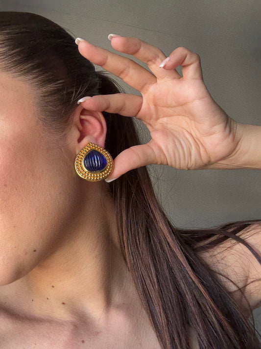 Boucles d’oreilles vintage - Gouttes dorées et cabochons bleus
