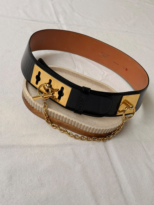 Ceinture Céline vintage - Cuir noir brillant et chaîne dorée