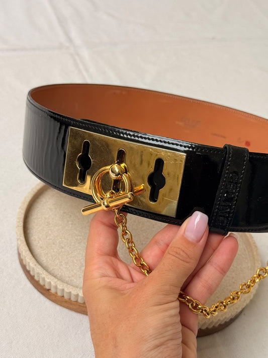 Ceinture Céline vintage - Cuir noir brillant et chaîne dorée